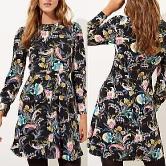 ANN TAYLOR LOFT Floral Flare Dress Black Multi Boho Long Sleeve Fit Flare Dress - Picture 1 of 14